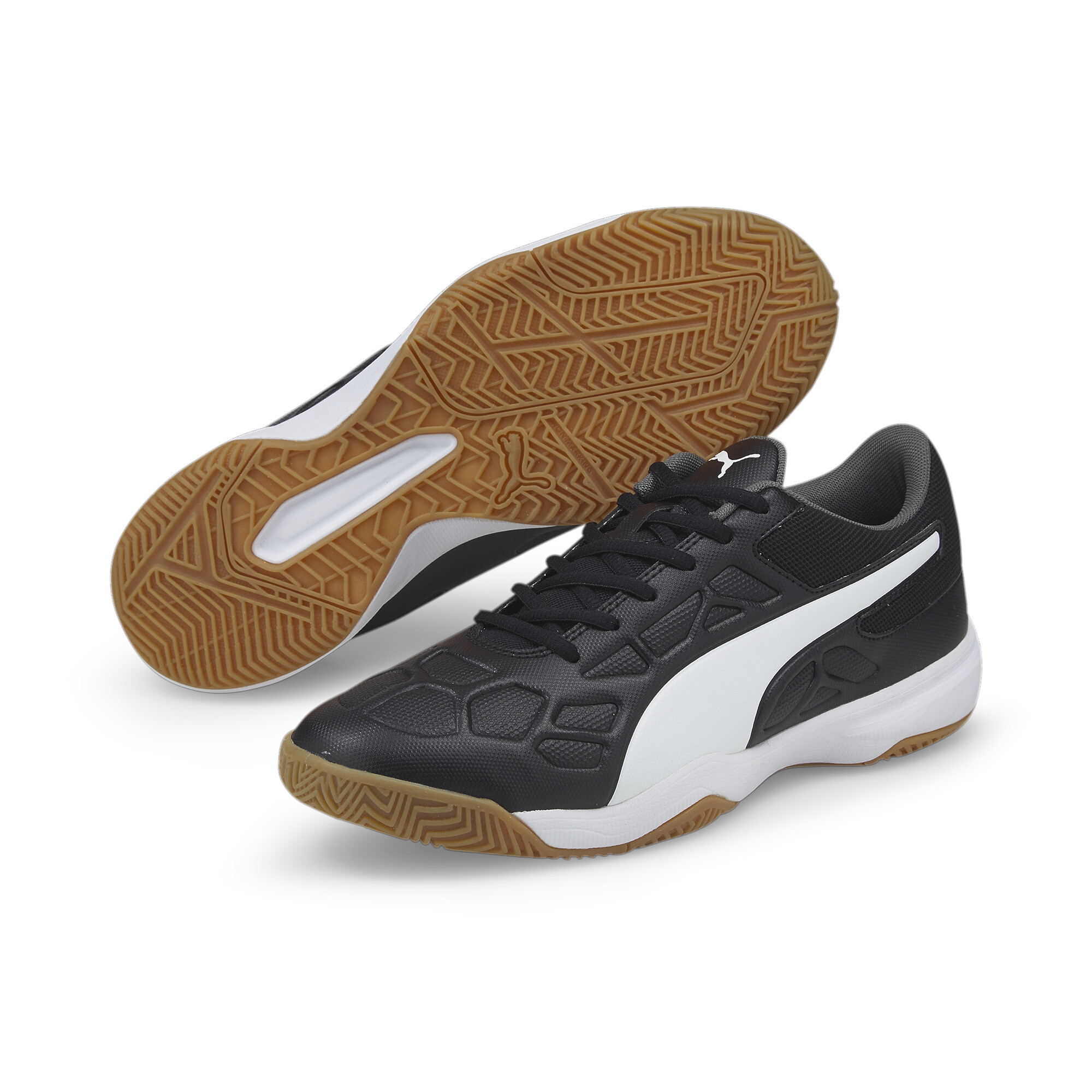 Hallenschuh PUMA "TENAZ", Damen, Gr. 43, weiß (puma schwarz, puma weiß, iron gate, gum), Synthetik, Textil, Schuhe Hallenschuh