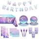 123 Pcs Mermaid Birthday Decorations, Mermaid Party Favors Set (Serves 24) with Mermaid Iridescent Tablecloth, Plates, Napkin, Fork, Cup, Banner for Baby Shower, Under The Sea Party Decorations