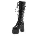 OAUSZC Women Platform Block High Heel Combat Boots Lace Up Goth Punk Square Toe Heart Buckle Knee High Boots,Black Patent,7 UK