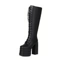 OAUSZC Women Block High Heel Platform Knee High Boots Lace Up Square Toe Goth Punk Combat Boots with Zipper,Black PU,7 UK