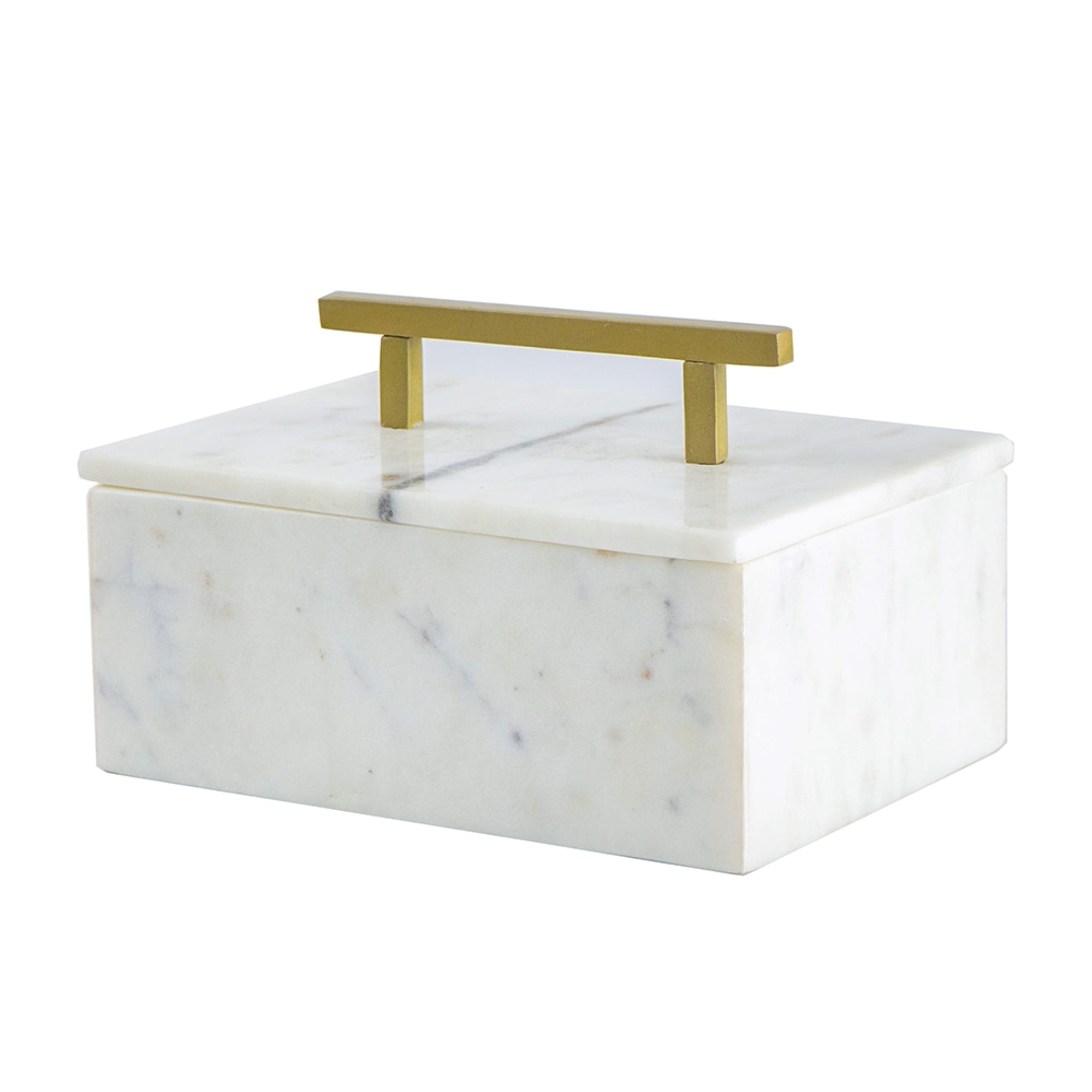 Rectangular Marble Box with Brass Finish Handle - 7" - White