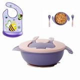 DEELLEEO Pink Baby Suction Plates Bowl 2 Spoon Set Nonslip Spill Proof BPA-Free Feeding Baby Bowl with Lid Self Feeding Training Storage Plate Cutlery Travel Set with Purple Baby Bib