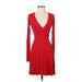 B44 Dressed Casual Dress - A-Line V Neck Long sleeves: Red Solid Dresses - Women's Size X-Small