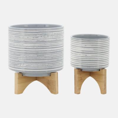 Ceramic Striped Planters on Stand - 10.5" - White and Gray - Set of 2