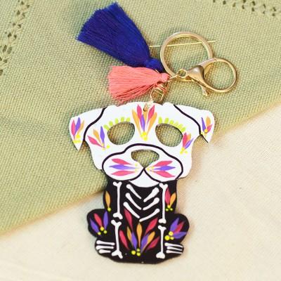 'Hand-Painted Wood Day of the Dead Dog Keychain and Bag Charm'