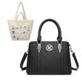 Miss Lulu Handbag for Women with Canvas Bag Set, Large Capacity Shoulder Bag, PU Leather, Golden Hardware (Black&Beige)