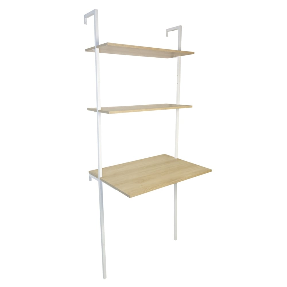 Bureau mural 2 étagères bois naturel et métal blanc 76 x 51 x 185 cm