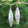 Divine Leaves,'Folk Art Leaf-Shaped Hill Tribe Silver Dangle Earrings'