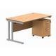 Double Upright Rectangular Desk + 2 Drawer Mobile Under Desk Pedestal 1400X800 Norwegian Beech/Silver