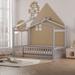 Full Size Playhouse and Classic Design Wood Bed House Bed Frame with Fence, for Kids/Girls/Boys