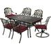 MEETWARM 7-Piece Outdoor Patio Dining Set All-Weather Cast Aluminum Patio Conversation Set with 2 Swivel Rocker Chairs 4 Stationary 1 Rectangular Table 6 Cushions 2 Umbrella Hole Chili Red