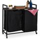 Laundry Basket Rack, 2 Pull-out Compartments, Rollable Storage Rack, Linen Bin, Industrial Design, Black/Brown - Relaxdays