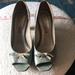 Anthropologie Shoes | Handmade Italian Leather Peep Toe Heels W Wood Stacked Heel Blue/Gray Size 38 | Color: Blue/Gray | Size: 8
