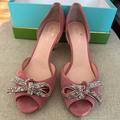 Kate Spade Shoes | Kate Spade Ny Sidney Pumps Shoes Open Toe Pink Suede 3” Heel Silver Bows 9m | Color: Pink/Silver | Size: 9