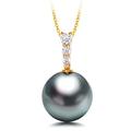 ONDIAN 18K AAAA Quality Black Tahitian Cultured Pearl Pendant Necklace with Cubic Zirconia for Women Girls with Chain