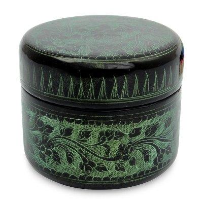 Lacquered wood box, 'Exotic Green Flora'