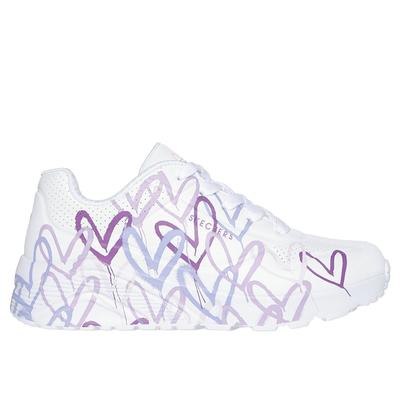 Skechers Girl's JGoldcrown: Uno Lite - Spread the Love Sneaker | Size 3.0 | White/Light Purple | Synthetic | Machine Washable