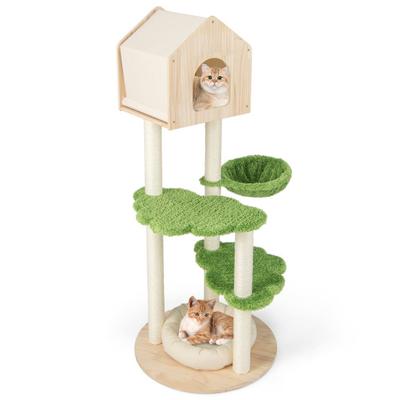 Costway 55 Inch Tall Cat Climbing Stand with Sisal Scratching Posts and Soft Cat Bed for Indoor Kittens-Green