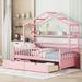 Twin/Full Size Solid Wood House Bed with Guardrail,Kids Bed Frame with 2 Drawers and Storage Shelf,Pink