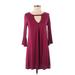 Alya Casual Dress - Mini Plunge 3/4 sleeves: Burgundy Solid Dresses - Women's Size X-Small