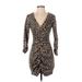 Zara Basic Casual Dress - Bodycon Plunge 3/4 sleeves: Brown Leopard Print Dresses - Women's Size Small