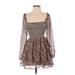 Express Casual Dress - A-Line Square Long sleeves: Brown Leopard Print Dresses - Women's Size X-Small