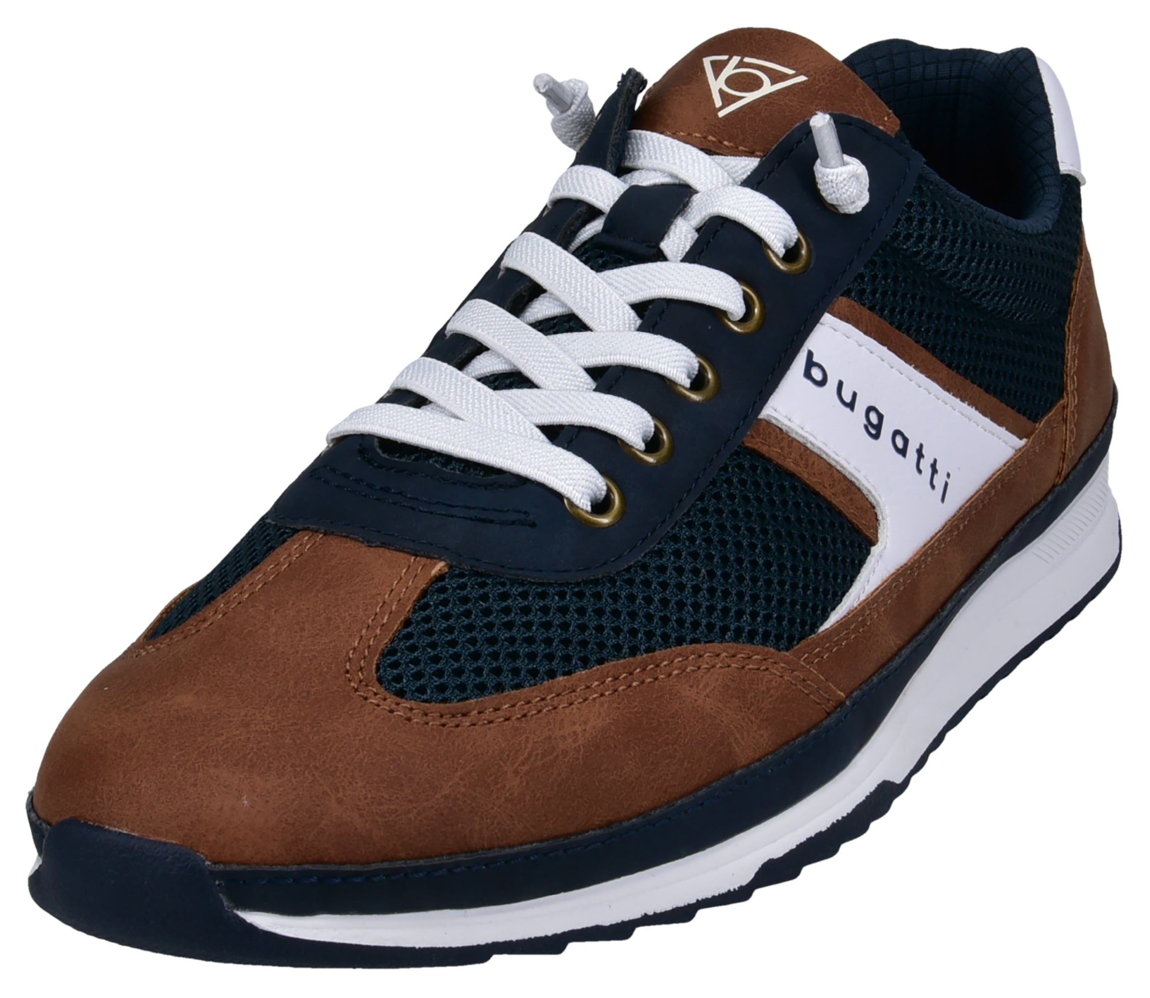 Slip-On Sneaker BUGATTI, Herren, Gr. 41, braun (blau, cognac, weiß), Lederimitat, Textil, Schuhe, Halbschuh, Freizeitschuh, Slipper mit elastischen Gummizügen