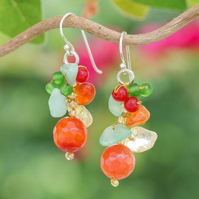 Orange and Green Glam,'Chalcedony Citrine Quartz and Glass Beaded Cluster Earrings'