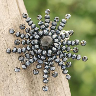 'Star-Shaped Black Chalcedony and Glass Beaded Brooch'