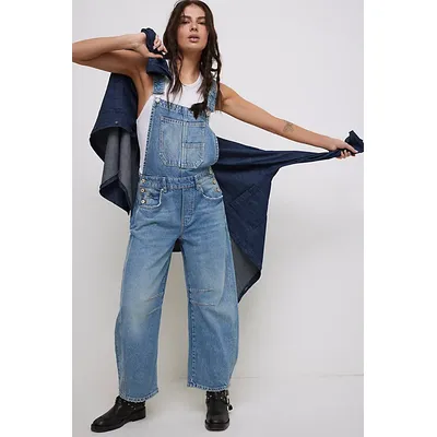 We The Free Good Luck Barrel Dungarees at Free People in Ultra Light Beam, Size: Large