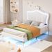 Twin Size Upholstered Bed Frame with LED Lights, Modern Upholstered Princess Bed With Crown Headboard