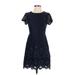Ann Taylor LOFT Cocktail Dress - A-Line High Neck Short sleeves: Blue Print Dresses - Women's Size 0 Petite