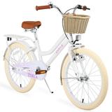 iRerts Girls Bike for 7-10 Years Old Kids 20 Inch Bike with Basket Brown Leather Saddle Coaster Brakes Retro Style Girls Bicycle Kids Cycle Bikes Kids Bicycle for Gifts White