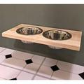 Wood Height-Flexible Wall Mount Dog/Cat/Pet Food & Water Bowl Holder/Feeder 2 S.S. Dishwasher-Safe Bowls (~ 1 Quart / 32 Oz / 900 Ml) For -Size Pets. 2-Screw Installation.