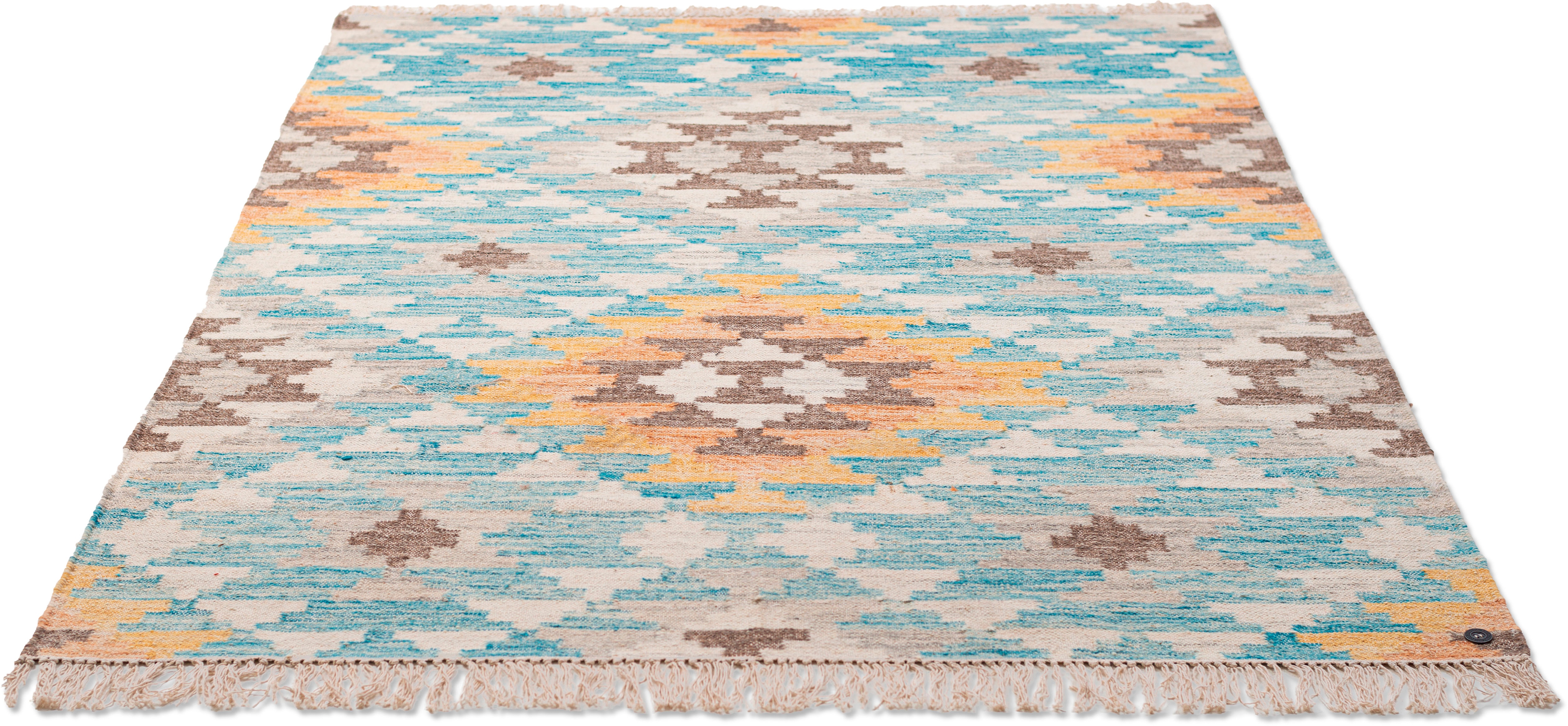 Teppich TOM TAILOR HOME "Check Kelim" Gr. 3, bunt (türkis, pastel), B:140 H:5 L:200, Wolle, Teppiche, Fransenteppich, handgewebt, mit Fransen, Boho-Style Image