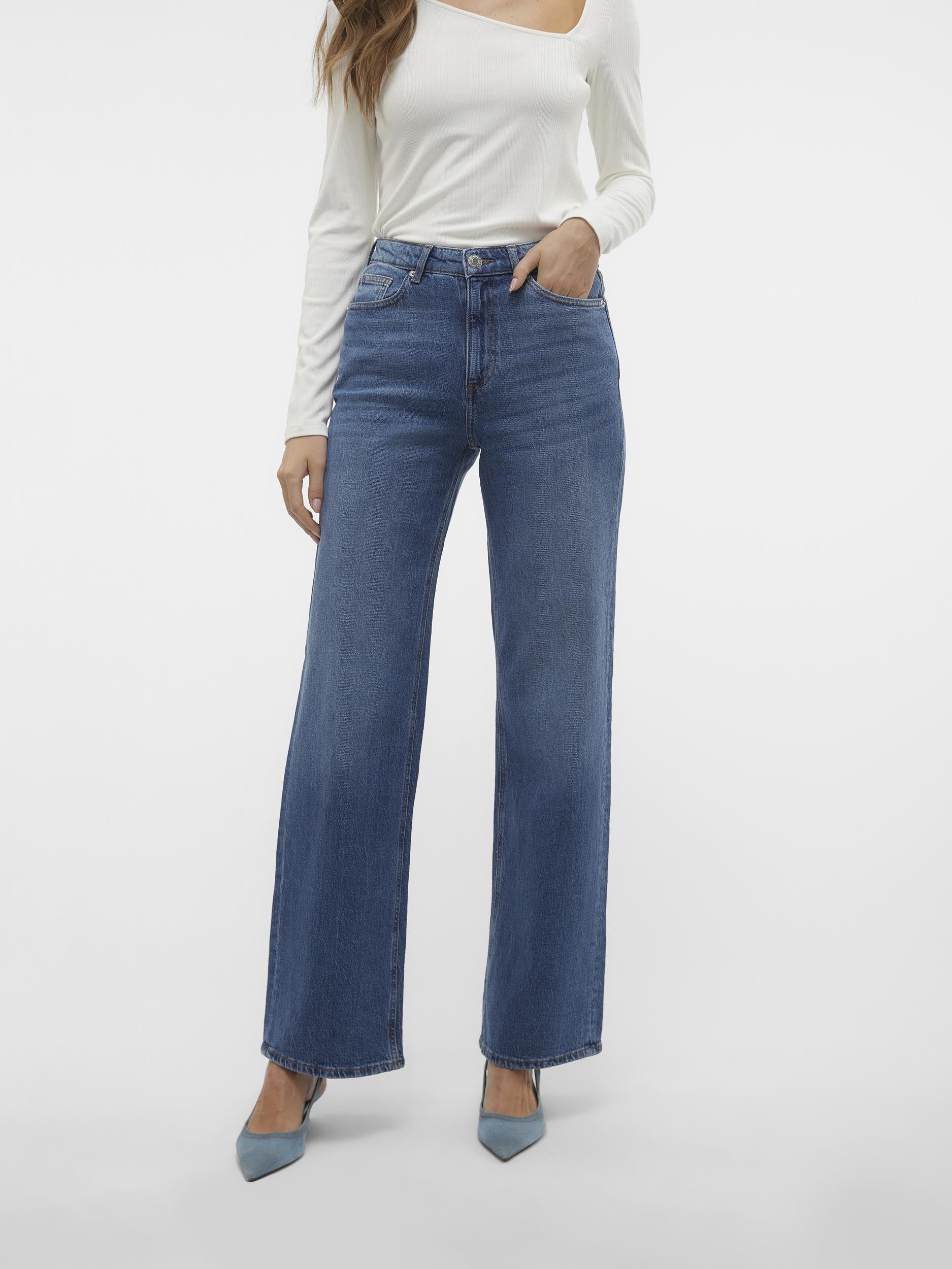 High-waist-Jeans VERO MODA "VMTESSA HR WIDE JEANS RA380 GA NOOS", Damen, Gr. 29, Länge 34, blau (medium blau denim), Denim/Jeans, Obermaterial: 99% Baumwolle, 1% Elasthan, unifarben, weit, Jeans High-Waist-Jeans
