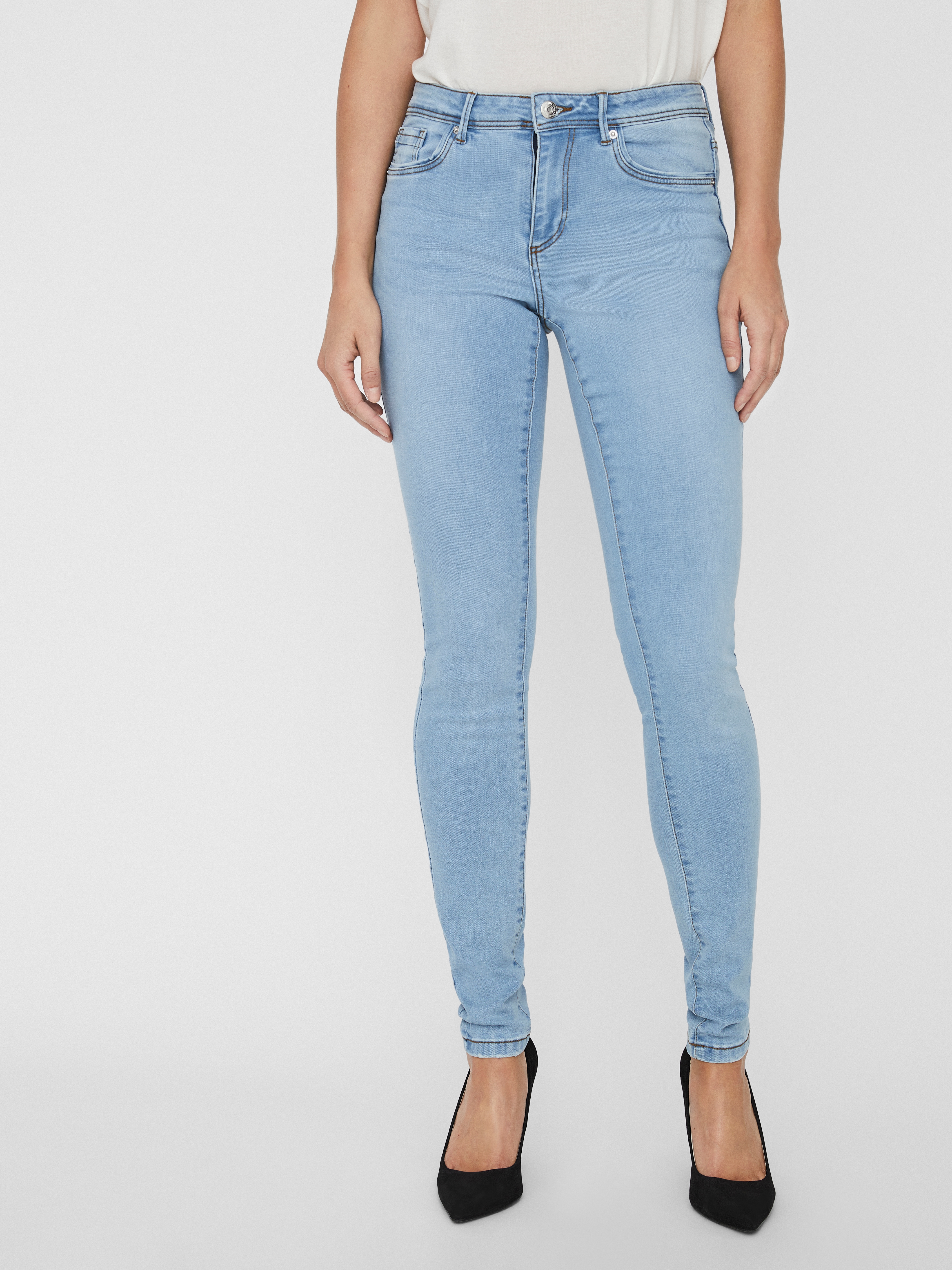 Skinny-fit-Jeans VERO MODA "VMTANYA MR S PIPING JEANS VI352 GA NOOS", Damen, Gr. XS (34), Länge 34, blau (light blau denim), Denim/Jeans, Obermaterial: 69% Baumwolle, 25% Polyester, 3% Elasthan, 3% Viskose, skinny fit, Jeans