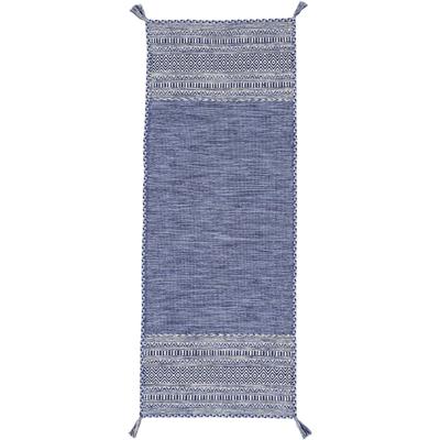Läufer CARPETFINE "Kelim Azizi", blau, B:80cm H:5mm L:500cm, Baumwolle, Teppiche, Fransenteppich, Baumwolle, Wendeteppich mit Fransen, Wohnzimmer Image