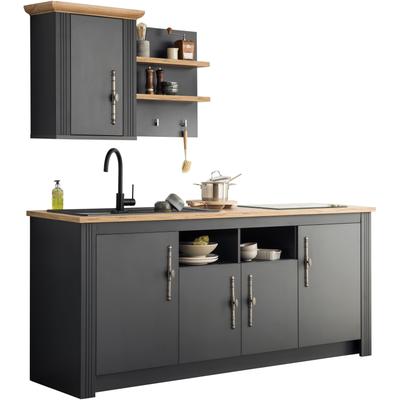 Küche KOCHSTATION "KS-Westminster", grau (front: grau dunkel, korpus: grau dunkel, arbeitsplatte: eiche wotanfarben), B:204cm T:60cm, Komplettküchen-Sets, Breite 204 cm, ohne E-Geräte Image