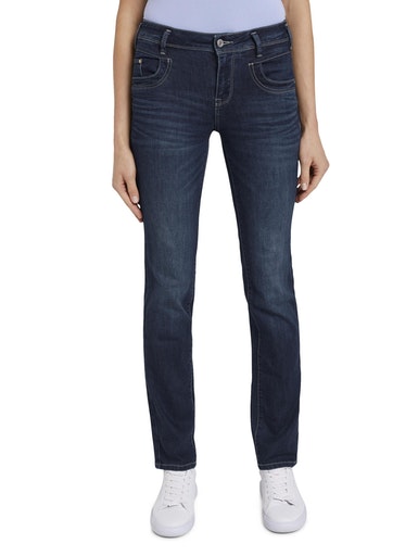 Gerade Jeans TOM TAILOR "Alexa Straight", Damen, Gr. 31, Länge 34, blau (schwarz stone washed), Denim/Jeans, Obermaterial: 69% Baumwolle, 20% Polyester, 9% Viskose, 2% Elasthan, bequem lang, Jeans, mit Kontrastnähten