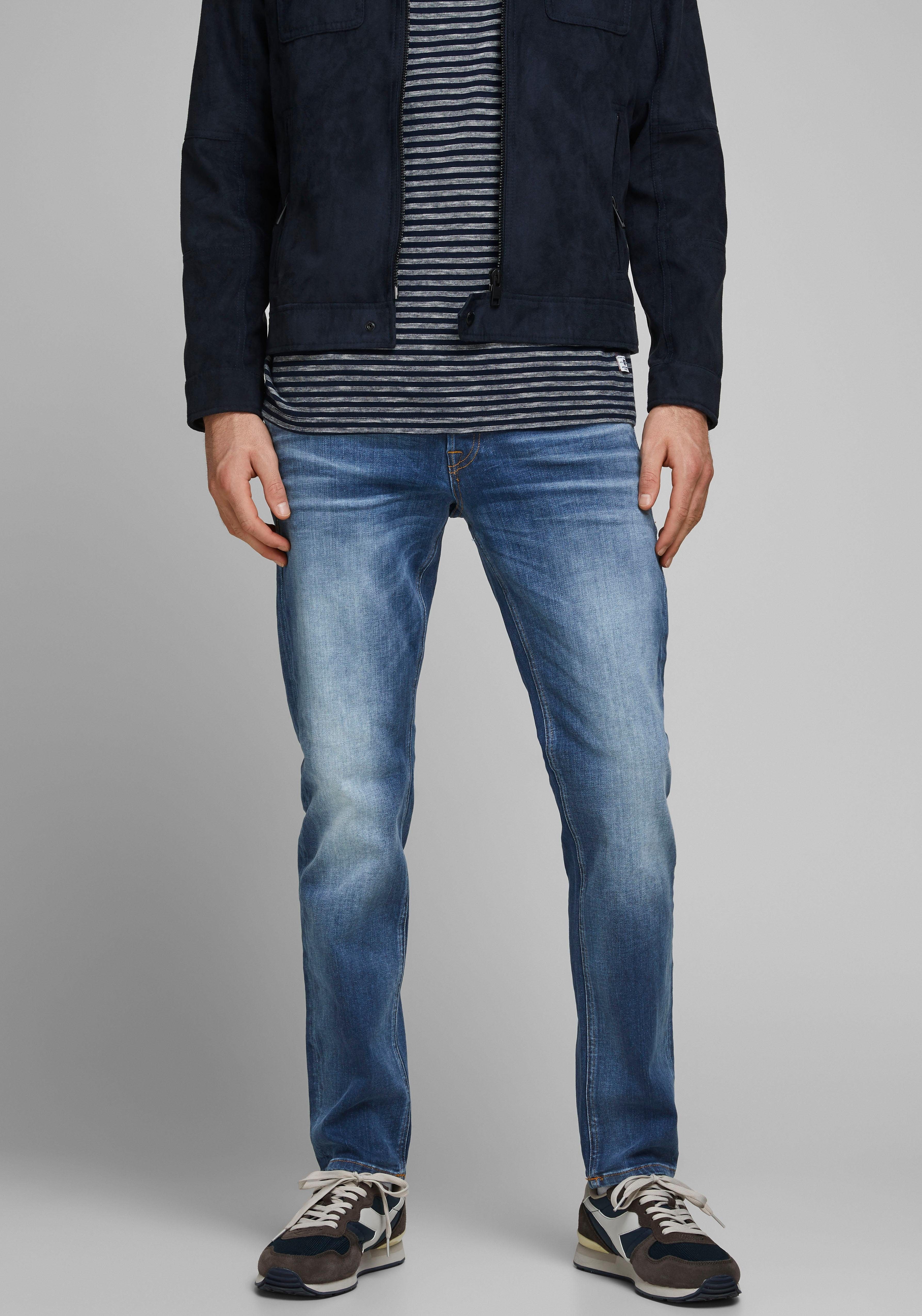 Tapered-fit-Jeans JACK & JONES "JJIMIKE JJORIGINAL CJ SN", Damen, Gr. 29, Länge 32, blau (blau, denim, wash), Denim/Jeans, Obermaterial: 98% Baumwolle, 2% Elasthan, Abriebeffekte, bequem, Jeans, mit Five-Pocket-Design