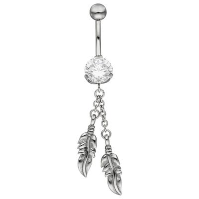 Bauchnabelpiercing JOBO "Feder", silber (edelstahlfarben), Piercings, Damen, Edelstahl, Edelstahl mit Kristallstein