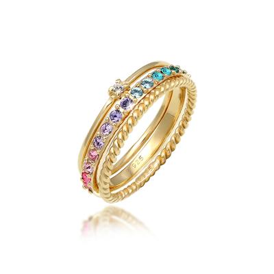 Solitärring ELLI "Kristalle Farbig Regenbogen Set (3 tlg) 925 Silber" Gr. 62, gold, Fingerringe, Damen, 62mm,mit Steinen, Silber 925 (Sterlingsilber), 2mm Image