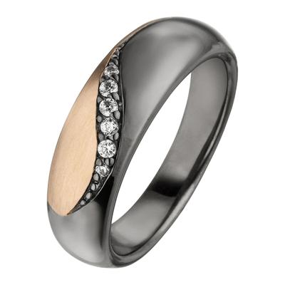 Silberring JOBO Gr. 58, rosa (roségoldfarben), Fingerringe, Damen, 58, Silber 925 (Sterlingsilber), 925 Silber schwarz und roségold bicolor mit 6 Zirkonia Image