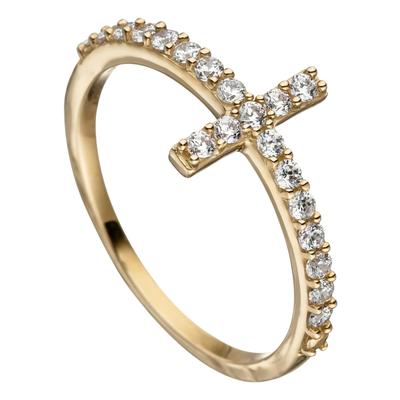 Fingerring JOBO "Ring mit Kreuz" Gr. 52, gold (gelbgold 333), Fingerringe, Damen, 52, Gelbgold 333, 333 Gold mit 19 Zirk