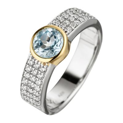 Fingerring JOBO Gr. 58, silber (silber 925), Fingerringe, Damen, 58, Silber 925 (Sterlingsilber), 925 Silber bicolor vergoldet Blautopas 42 Zirkonia Image