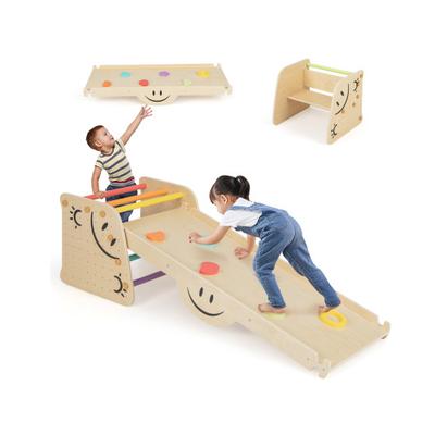 Costway Wooden Climbing Toy Triangle Climber Set with Seesaw-Multicolor