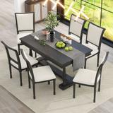 7-Piece Dining Room Set, Rectangular Dining Table with 4 Trestle Base and 6 Upholstered Chairs with Ergonomic Seat Back