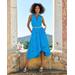 Boston Proper - Malibu Blue - Eyelet Fit and Flare Faux Wrap Midi Dress - 4