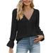 Posijego Women s Tops V Neck Puff Long Sleeve Shirts Lace Trim Dressy Casual Blouse Womens Clothes Plus Size